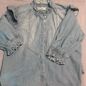 We The Free light blue denim ruffle-trim shirt